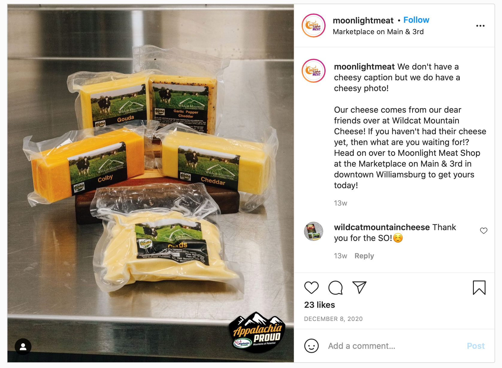 Instagram post of Wildcat Mountain Cheese on Moonlight Meat's profile